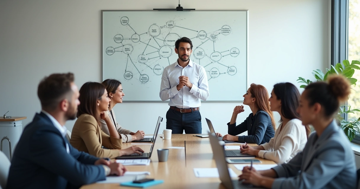 Equipe de empresa em reunião observando dinâmicas no ambiente corporativo 