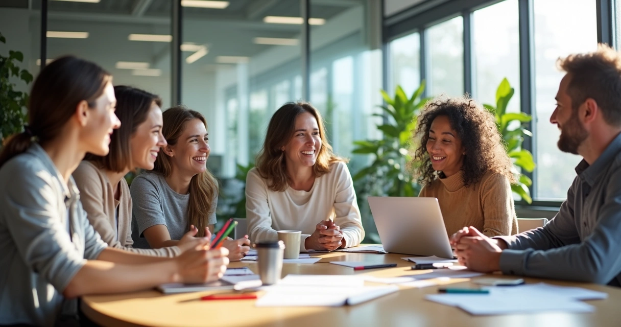 Equipe de empresa sorrindo ao redor de uma mesa de reunião 