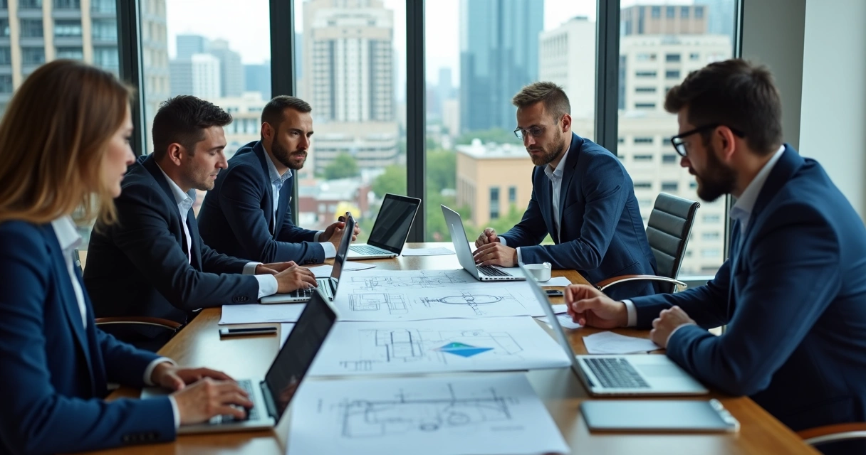 Profissionais de engenharia sentados à mesa analisando dados em notebooks, em ambiente de escritório moderno e claro. 