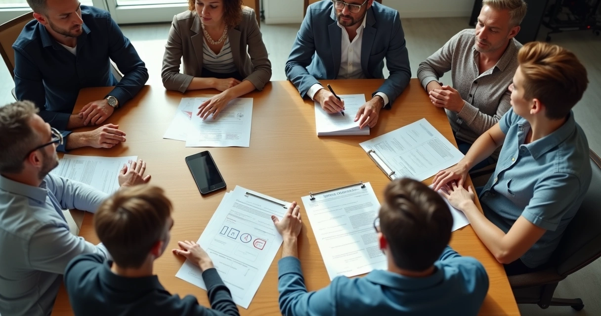 Equipe em reunião com expressão tranquila 