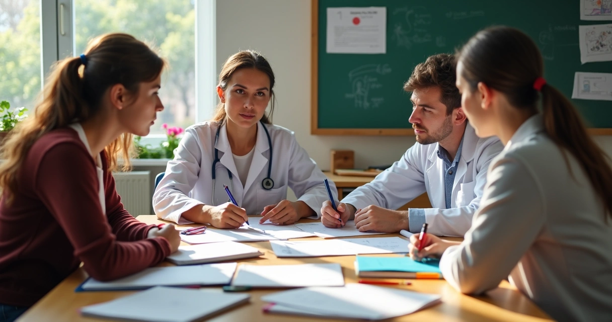 Equipe escolar e profissionais reunidos em mesa discutindo relatório