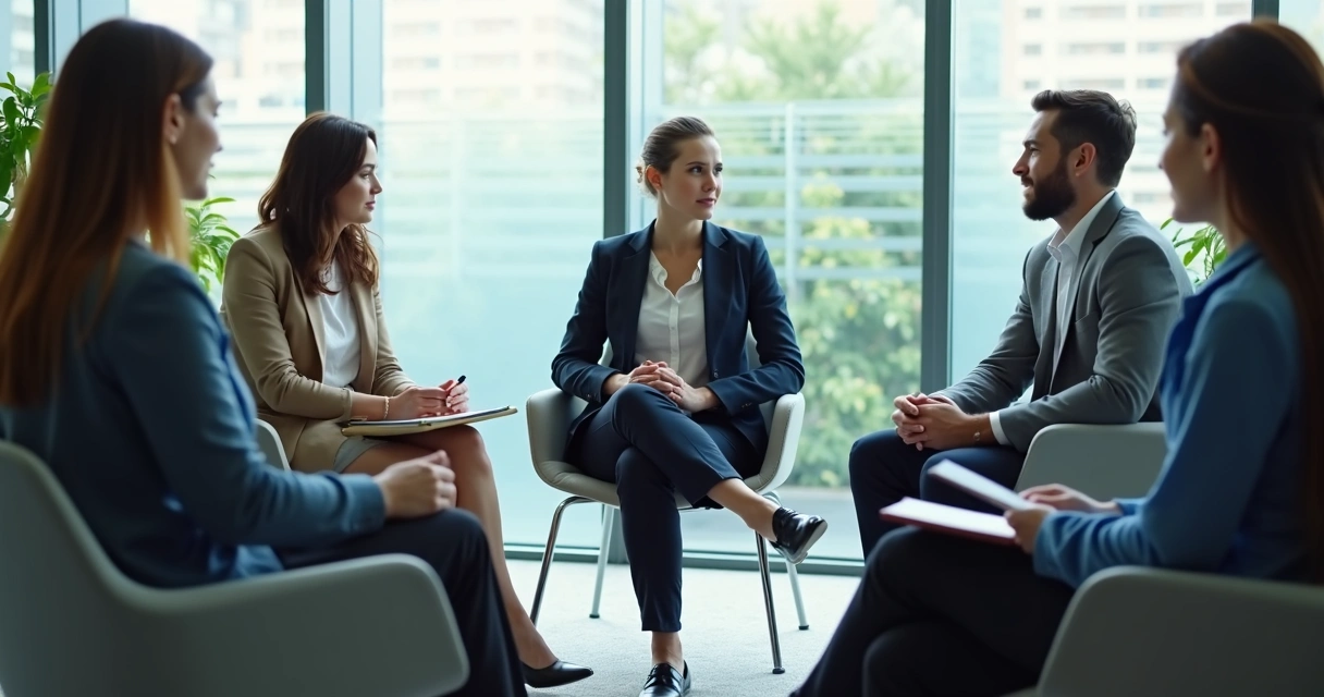 Equipe em reunião com escuta atenta e tensão leve 