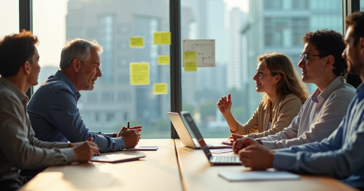 Líder ouvindo atentamente equipe em reunião colaborativa 