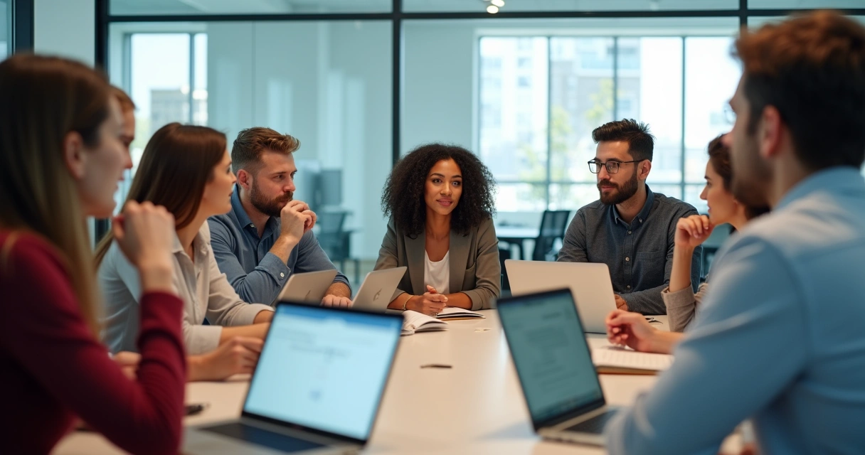 Pessoas reunidas em torno de uma mesa de reunião, ouvindo atentamente umas às outras. 
