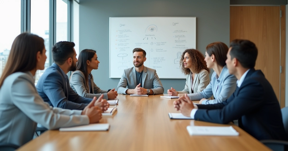 Equipe em reunião de trabalho praticando escuta ativa ao redor de uma mesa de reunião 