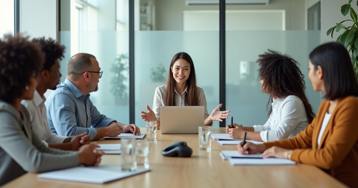 Equipe corporativa em reunião praticando escuta ativa ao redor de uma mesa 