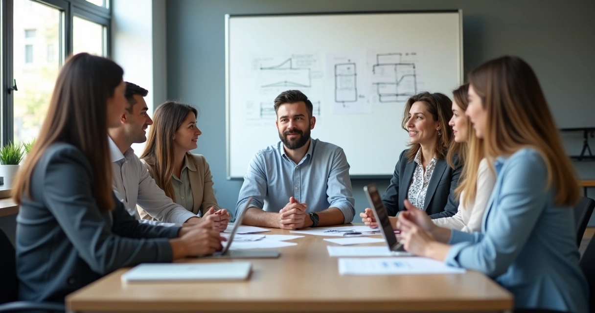 Equipe reunida em roda ouvindo líder que está sentado ao centro, expressando atenção. 