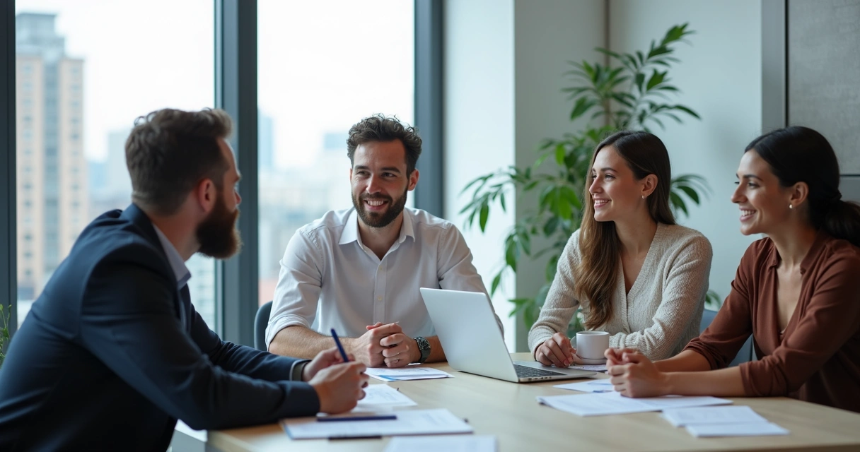 Grupo de colegas em reunião, ouvindo atentamente a fala de uma pessoa 
