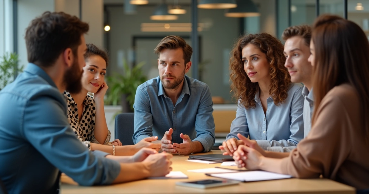 Equipe em reunião ouvindo atentamente, com cadernos e laptops na mesa 