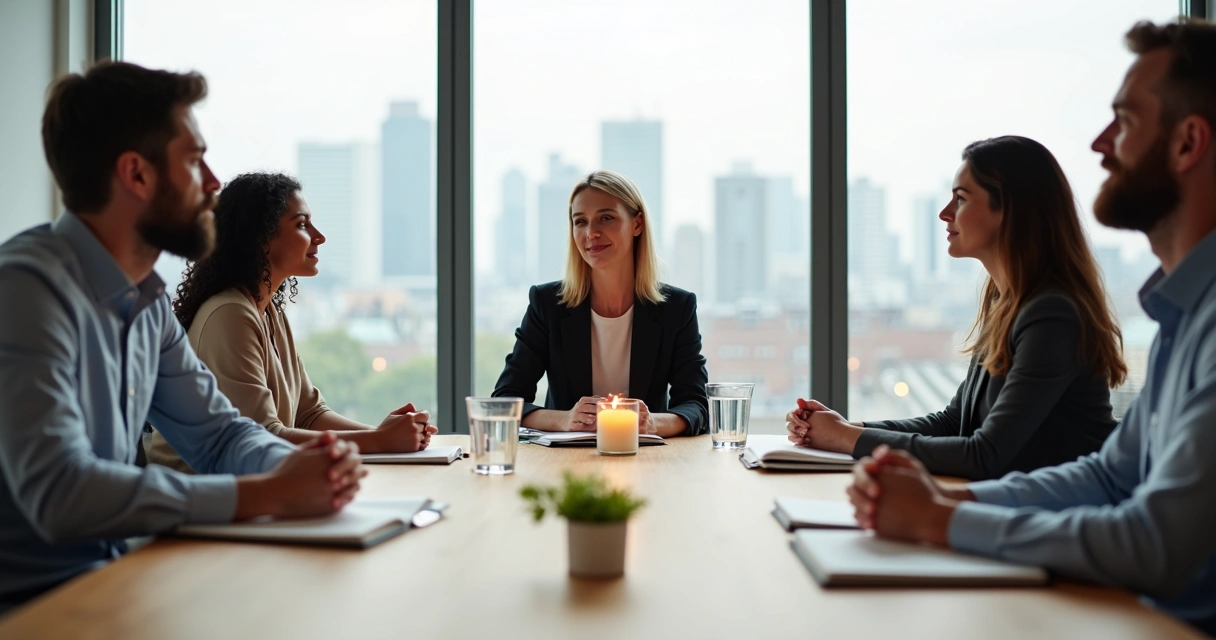 Equipe em reunião em torno de mesa com toque de espiritualidade discreta 