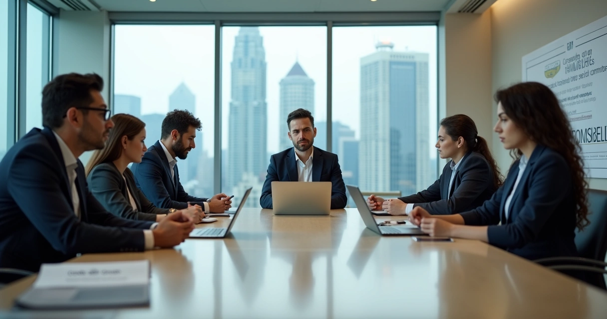 Equipe em reunião séria com destaque para funcionário isolado em ambiente corporativo 