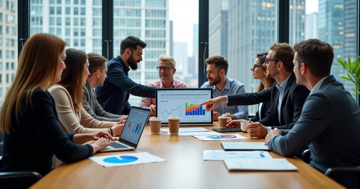 Equipe reunida em mesa com laptops, gráficos e tablet analisando dados 