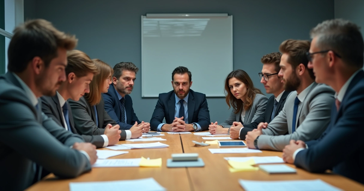 Equipe de trabalho tensa em reunião, expressando frustração e falta de conexão 
