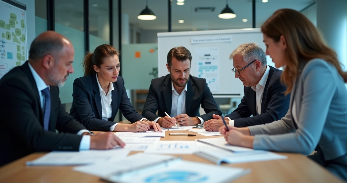 Equipe reunida analisando dilemas éticos em uma sala de reuniões moderna 