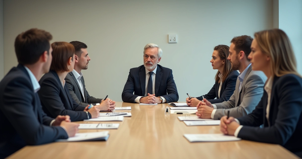 Equipe sentada em reunião com expressões sérias 