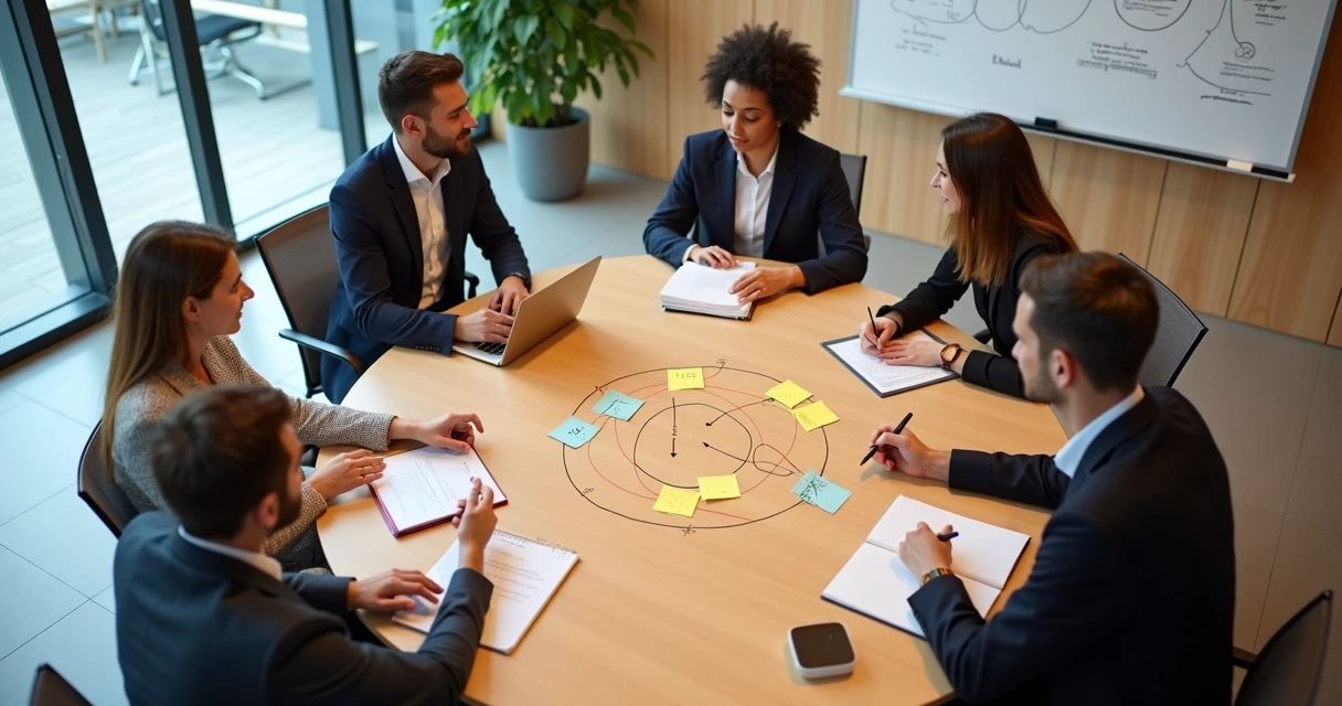 Equipe em círculo trocando feedback em sala de reunião moderna 