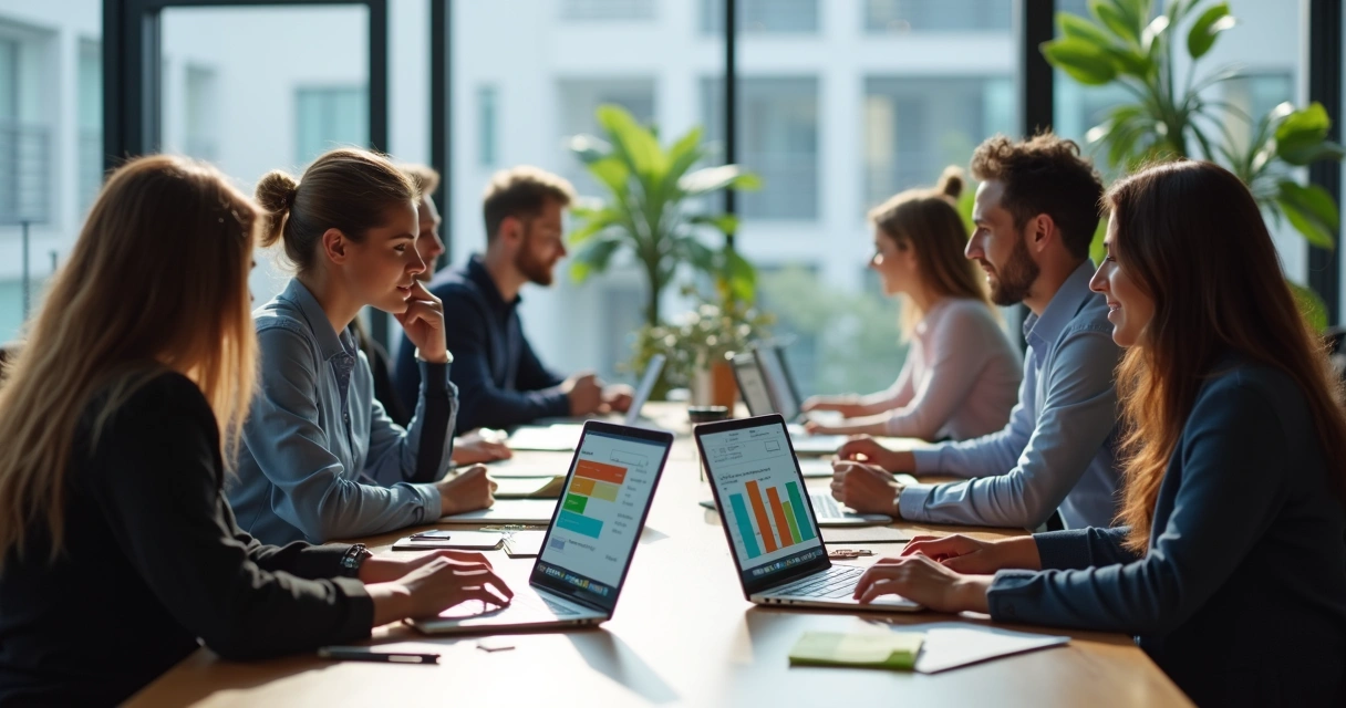 Equipe em uma sala de reuniões utilizando computador com gráficos de feedback na tela 