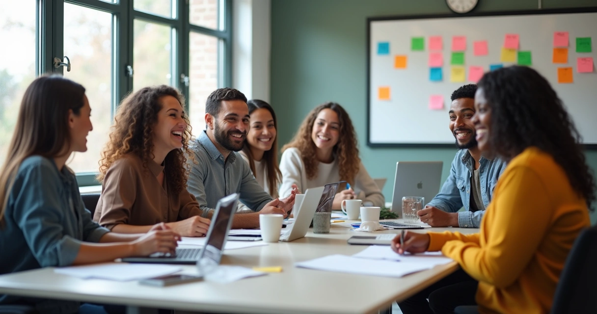 Equipe reunida em mesa retangular com expressões positivas 