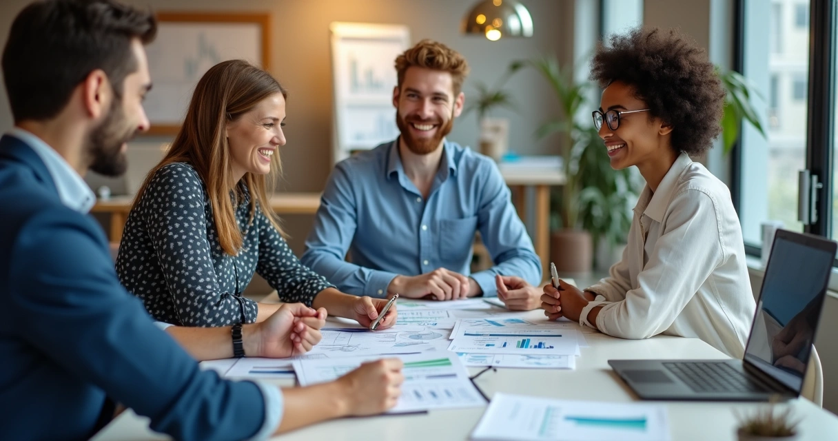 Equipe reunida analisando resultados financeiros mensais 
