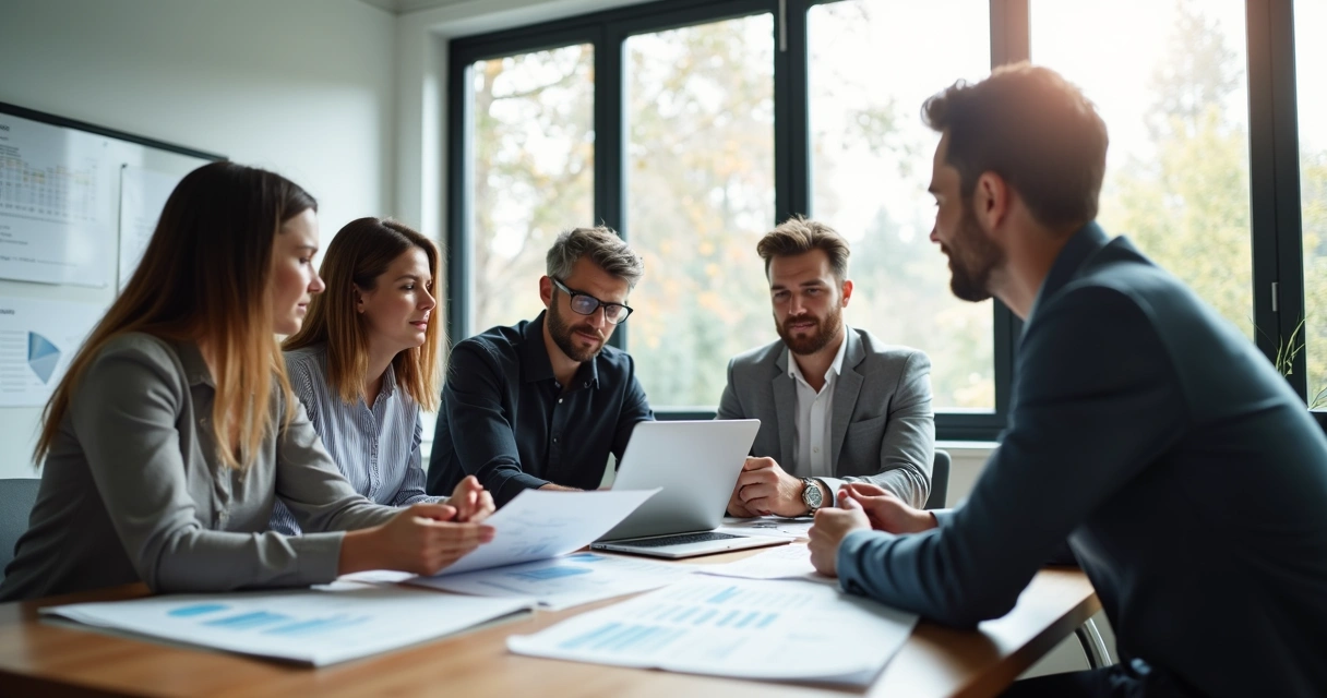 Equipe financeira em reunião revisando documentos