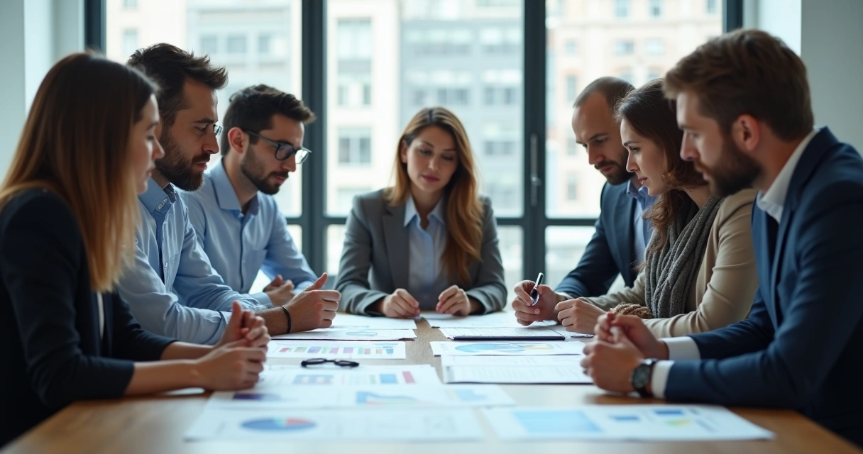 Equipe de BPO financeiro reunida em mesa analisando gráficos e relatórios 