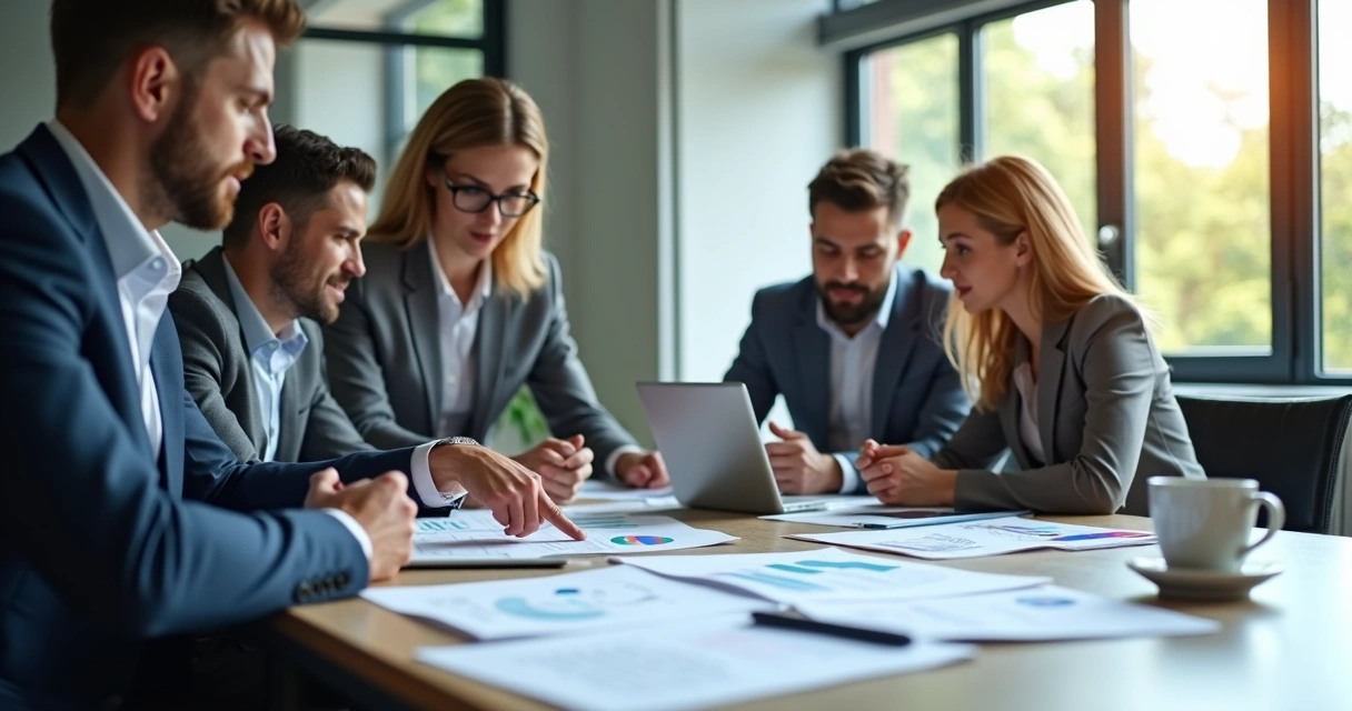 Equipe de empresários e contadores revisando documentos fiscais na sala de reunião