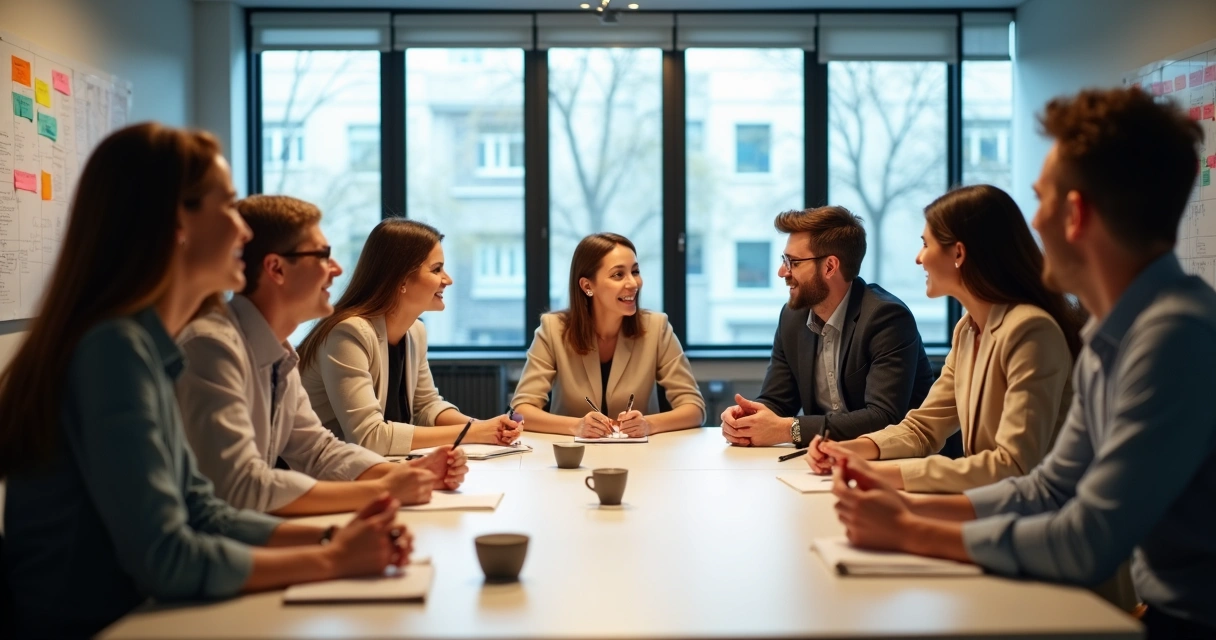 Equipe reunida ao redor de mesa de reunião, discutindo e sorrindo, com atmosfera de colaboração 