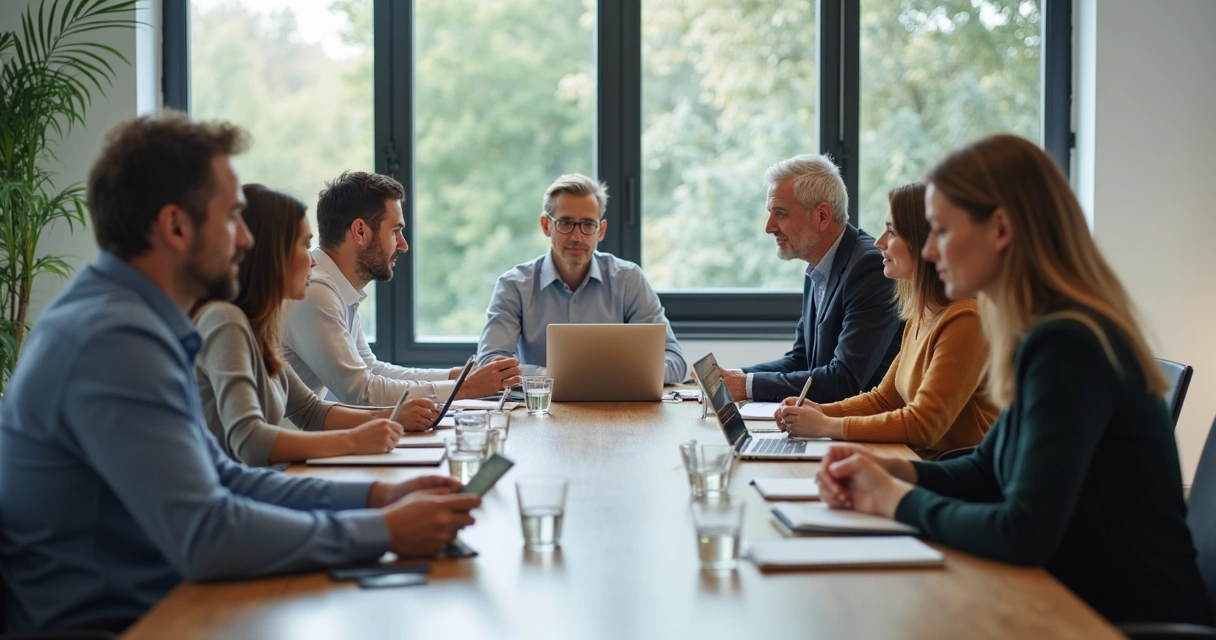 Equipe em reunião com profissionais de idades diferentes conversando