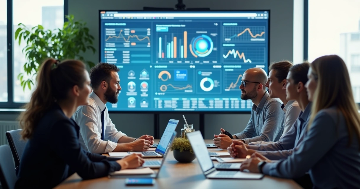 Equipe de gestão empresarial reunida analisando tela de software de gestão