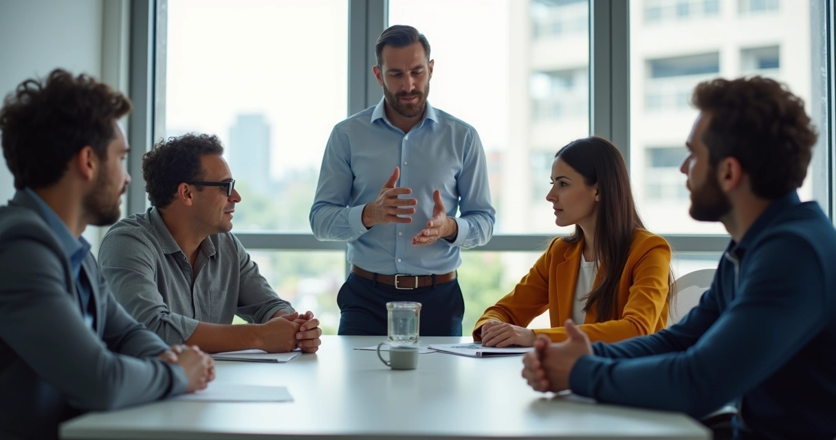 Equipe em reunião demonstrando desconforto por meio de gestos e expressões faciais 