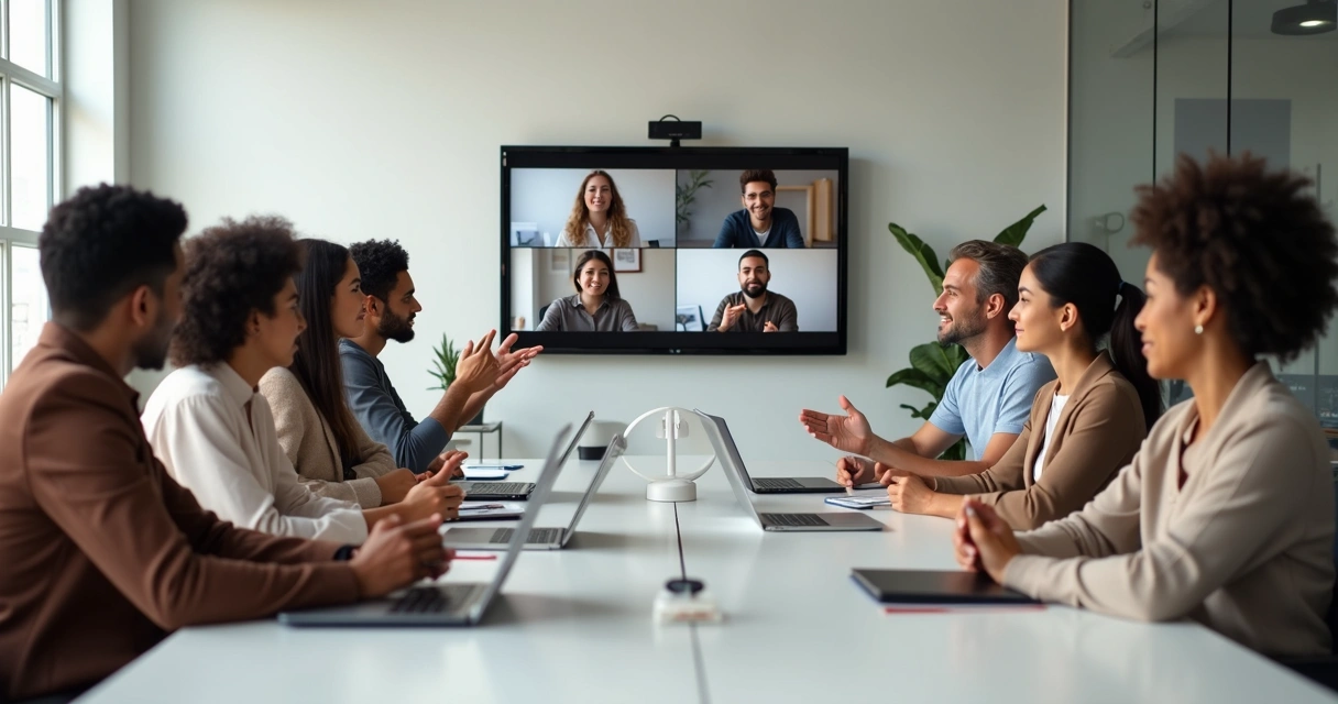 Equipe diversa em reunião virtual, expressando atenção mútua 