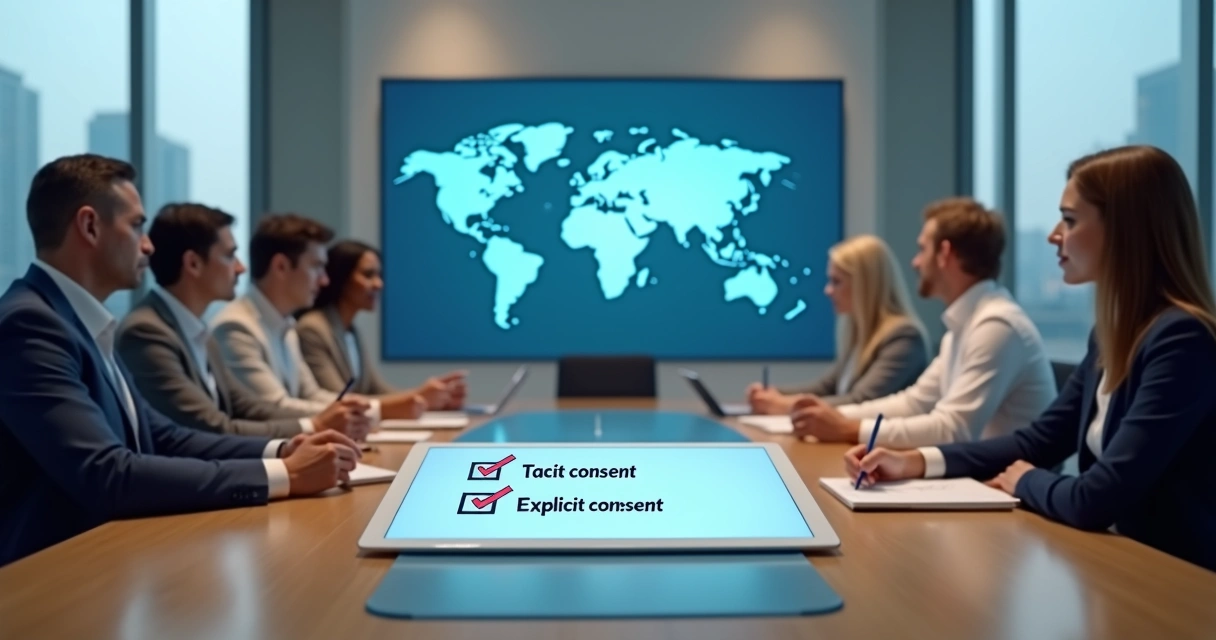 Equipe global em reunião alinhando acordos de consentimento na empresa 