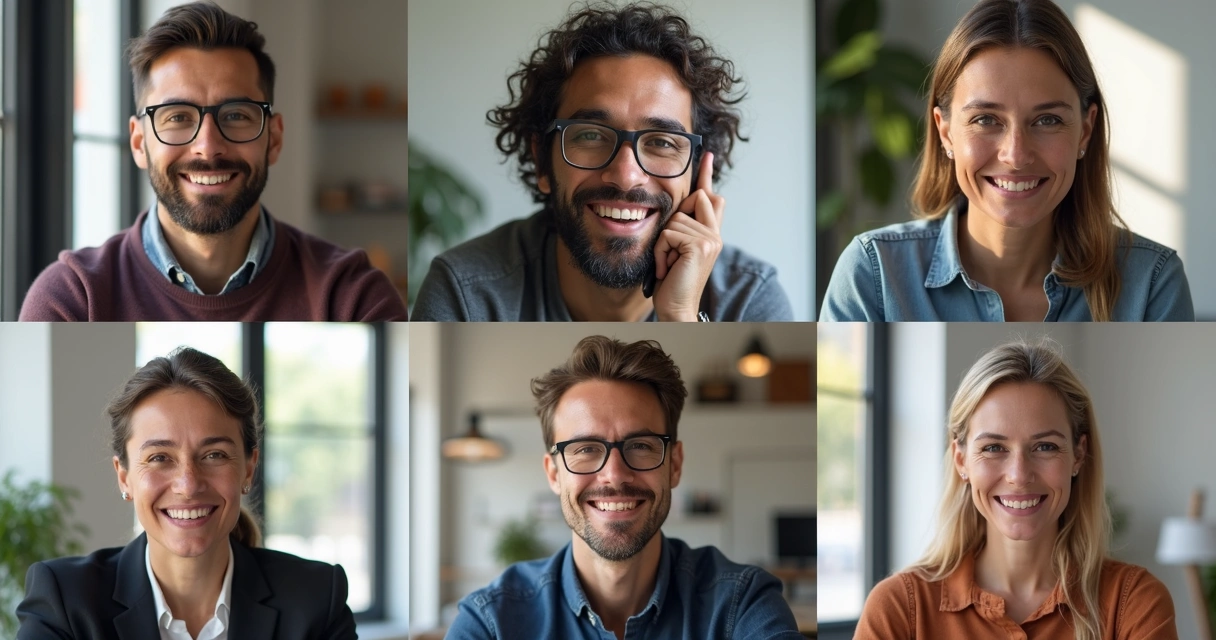 Equipe internacional em videoconferência, tela dividida mostrando pessoas de países diferentes, fundo de escritório moderno 