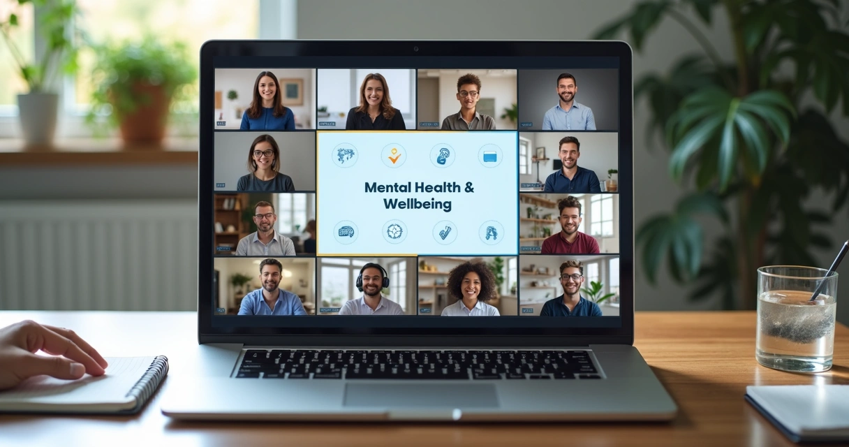 Equipe global em reunião online com foco em bem-estar e saúde mental 