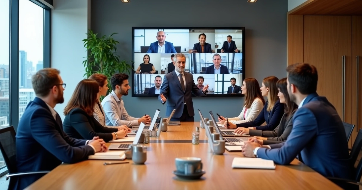 Pessoas reunidas em sala de reunião com outras participando via videoconferência 