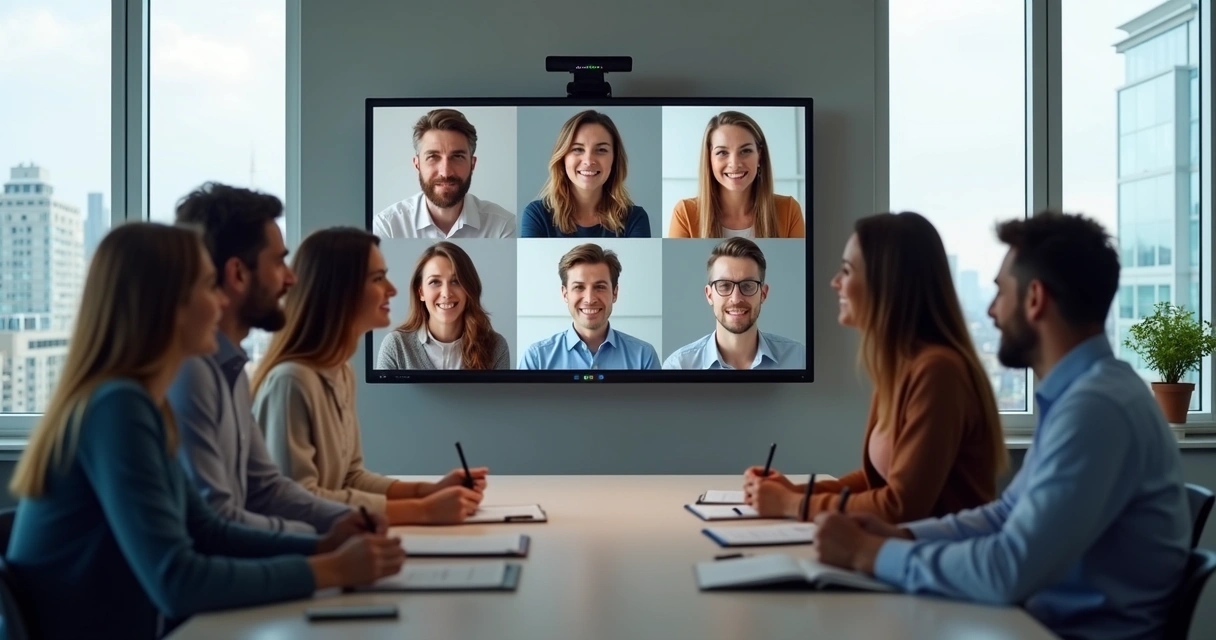 Equipe híbrida em uma reunião virtual e presencial
