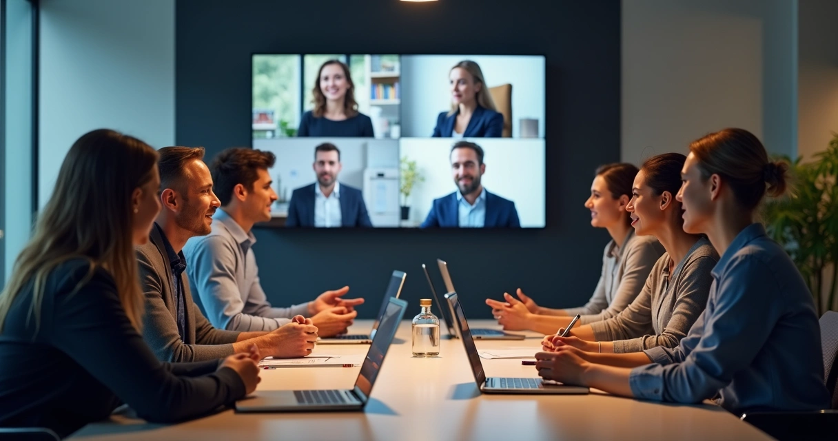 Time híbrido em uma reunião virtual e presencial trocando feedbacks. 