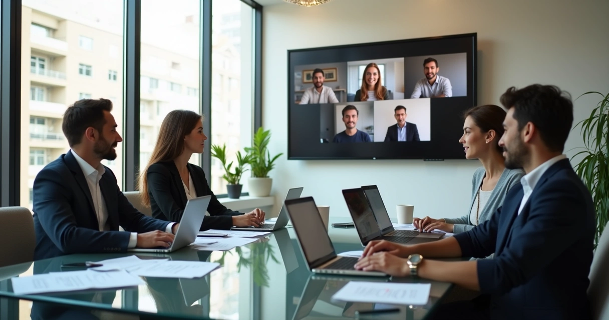 Reunião de equipe híbrida, com pessoas em uma mesa e outras em chamada de vídeo na tela 