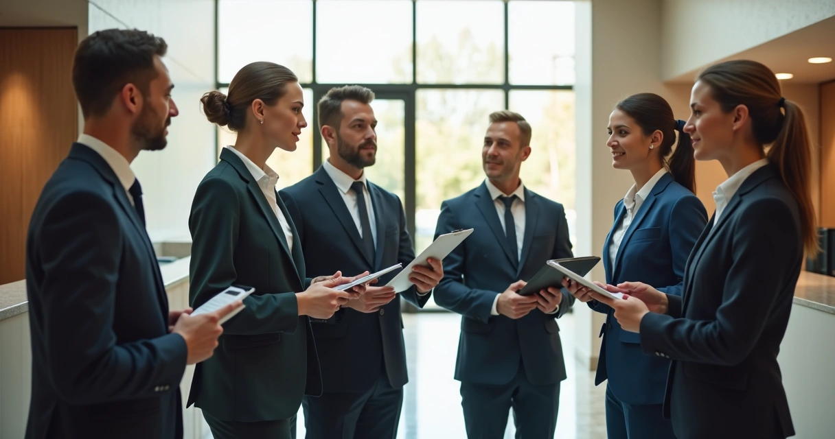 Equipe de hotel em reunião breve no balcão da recepção 