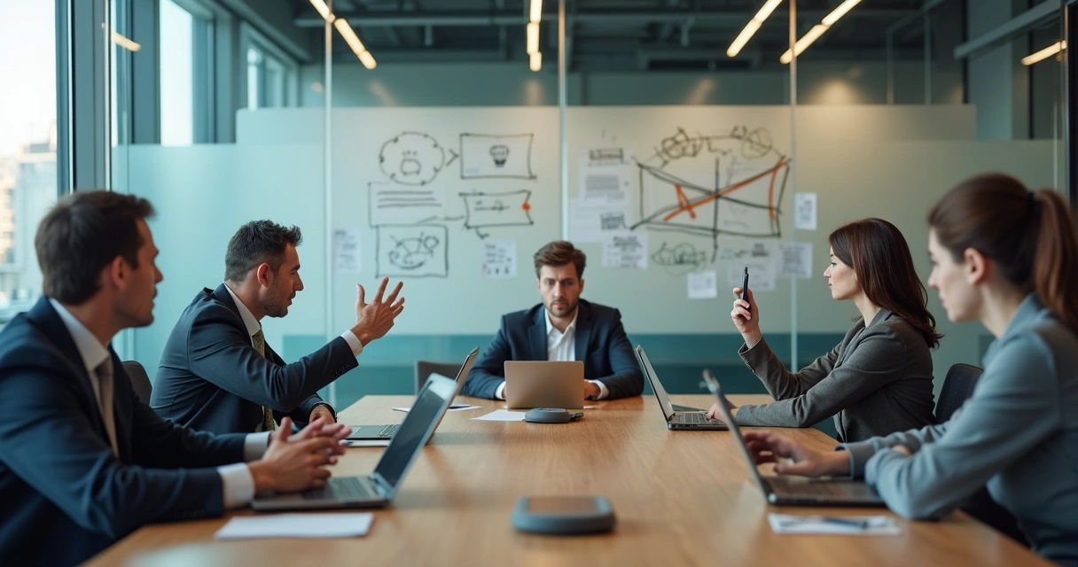 Equipe em reunião tensa em sala corporativa moderna 