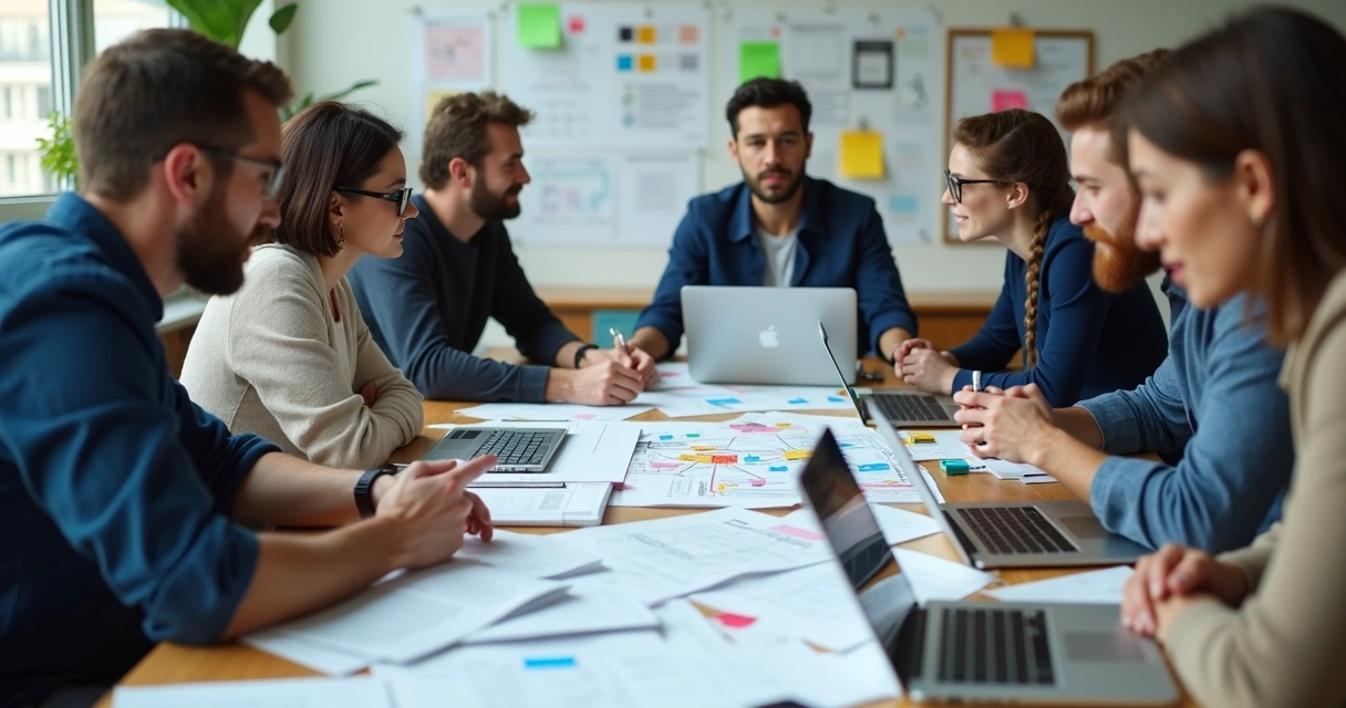 Equipe reunida em volta de uma mesa discutindo automação digital 