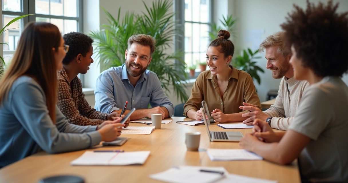 Equipe reunida em torno de uma mesa discutindo ideias e sorrindo