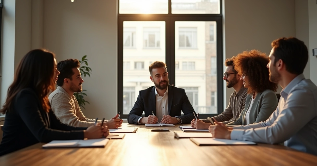 Equipe reunida em mesa de reunião, mostrando comunicação e cooperação. 