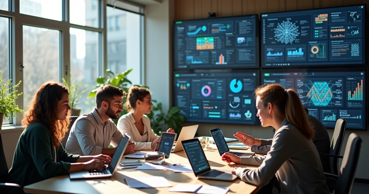 Equipe reunida discutindo estratégias de inteligência artificial e dados digitais 