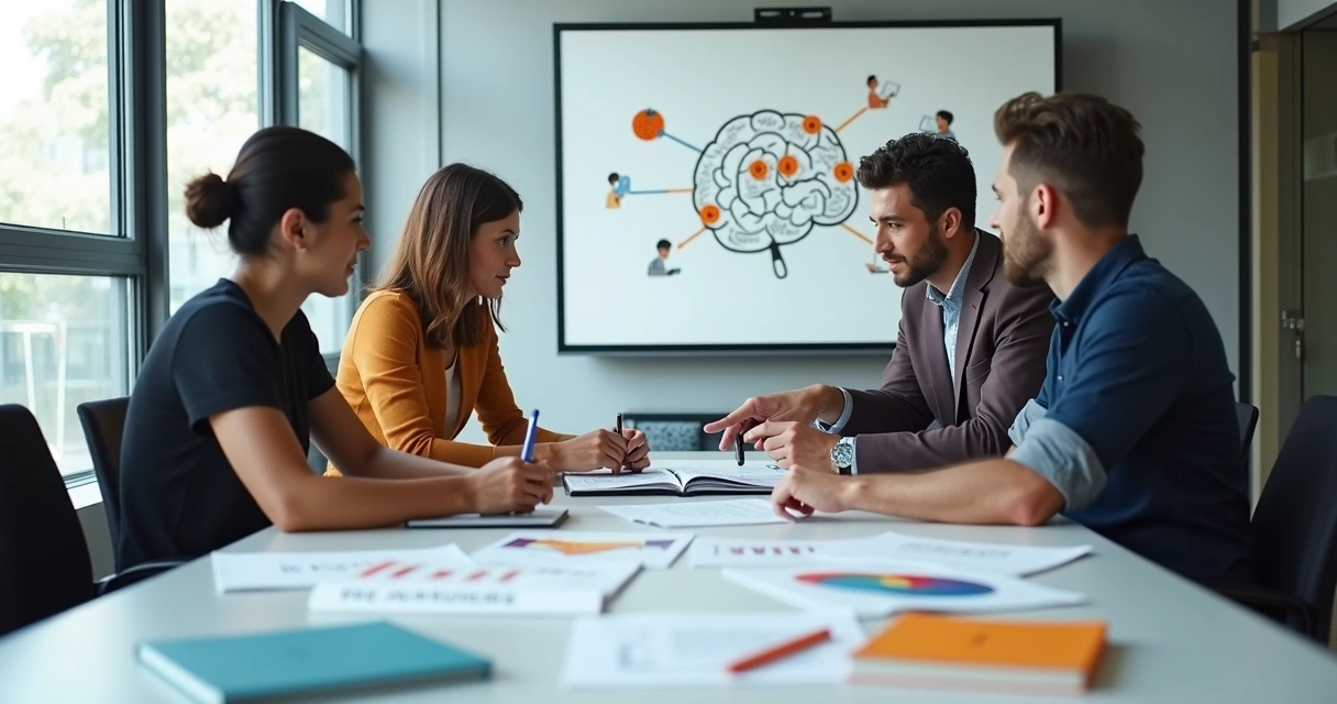 Equipe interdisciplinar discutindo ideias em uma sala de reunião