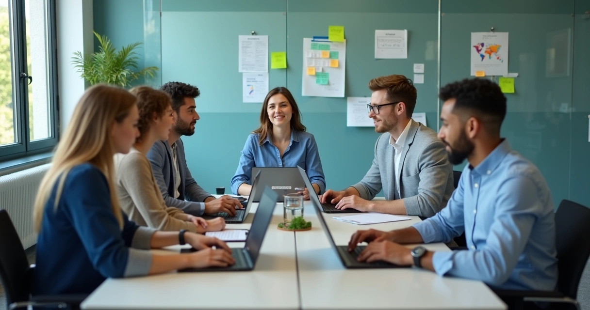 Equipe jovem em reunião colaborativa com líder 