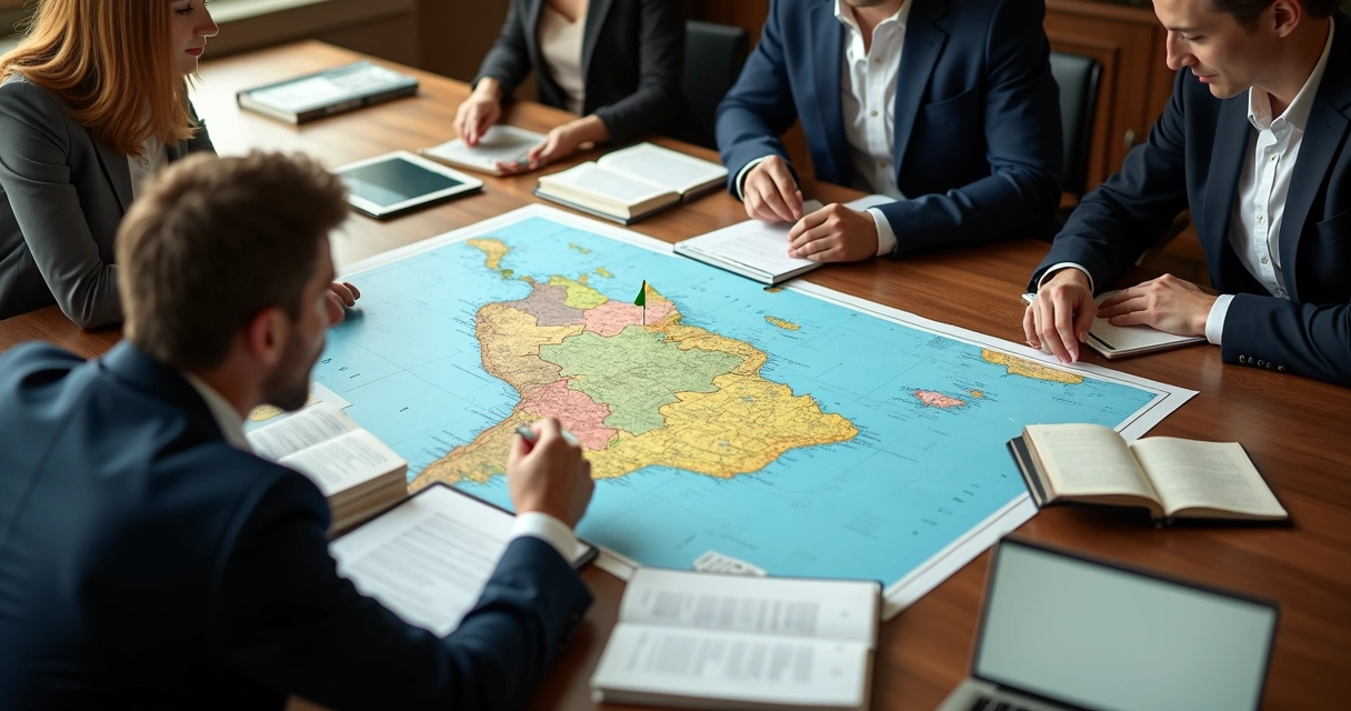 Equipe jurídica planejando estratégia com mapa do Brasil. 