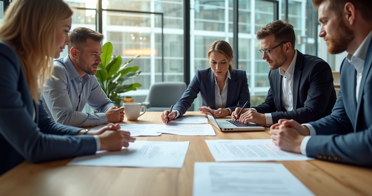 Equipe jurídica e comercial analisando contrato de SaaS em uma sala de reunião