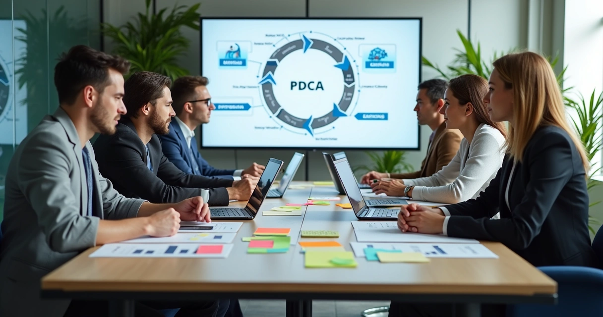 Equipe corporativa reunida discutindo melhorias contínuas com gráficos e post-its coloridos 