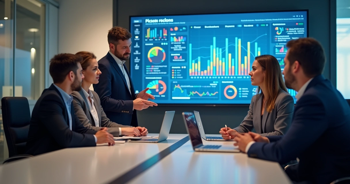 Equipe reunida analisando KPIs em uma sala de reuniões 